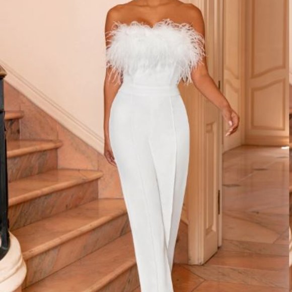 WHITE BANDEAU FEATHER WIDE LEG JUMPSUIT wedding bachelorette bride bridal shower - Picture 5 of 5